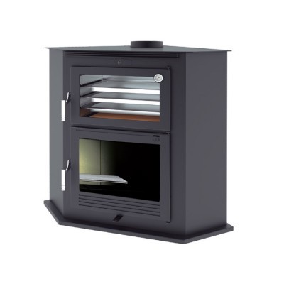 Lareira fornalha em metal cinza com vidro nas portas e termómetro na porta superior.