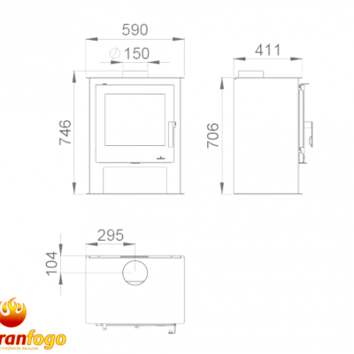 Desenho técnico de aquecedor com medidas e logotipo Abranfogo