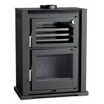 Estufa a lenha preta com portas de vidro e termómetro