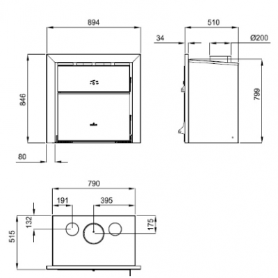 Desenho técnico a preto e branco com dimensões de uma estrutura quadrada.
