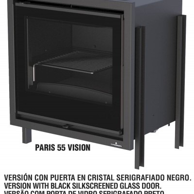 Lareira embutida Paris 55 Vision preta com vidro serigrafado e grelha metálica