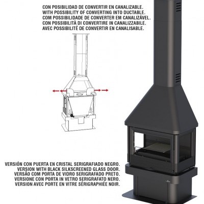 Lareira metálica preta com porta de vidro serigrafado preto e texto explicativo em várias línguas