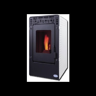 Lareira de pellets preta com lateral branca e chama visível