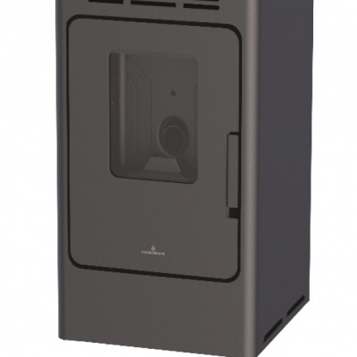 Estufa de pellets cinzenta escura com janela frontal de vidro e logotipo BRONPI.