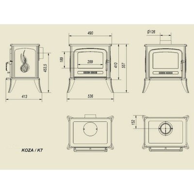 Desenho técnico de fogão a lenha KOZA/K7 com medidas e várias vistas