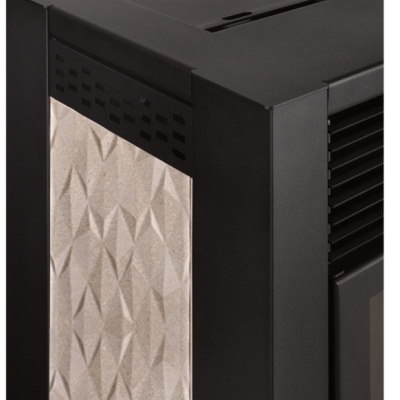 Aparelho preto com painel lateral texturizado cinzento e detalhes de ventilação