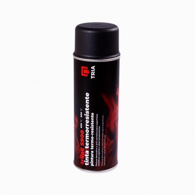 Lata de spray preta com tampa preta e texto branco e vermelho da marca TRIA