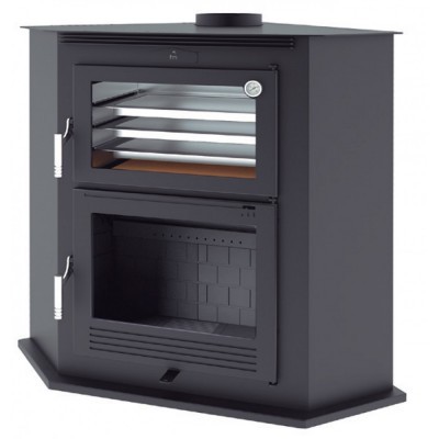 Fogão a lenha metálico preto com duas portas de vidro e termómetro