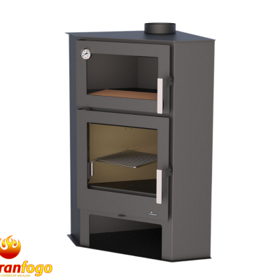 Estufa fogão a lenha metálica cinzenta com portas de vidro e termómetro