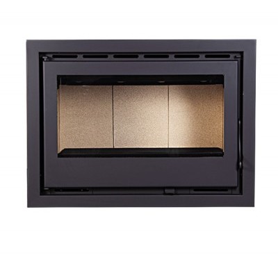 Lareira embutida de metal preta com porta de vidro