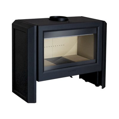Lareira ou salamandra preta com porta de vidro e interior bege
