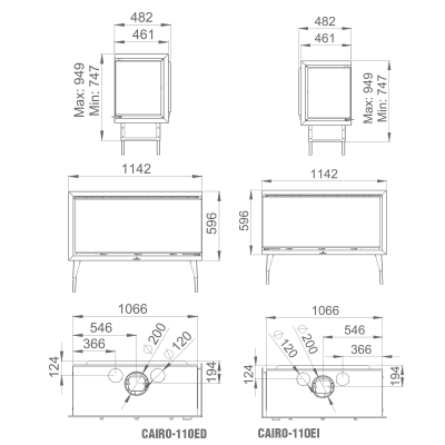 Diagrama técnico de móvel com medidas em milímetros e várias vistas