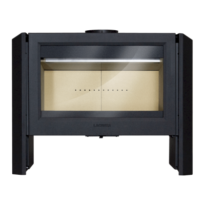 Lareira a lenha preta com vidro frontal e interior bege