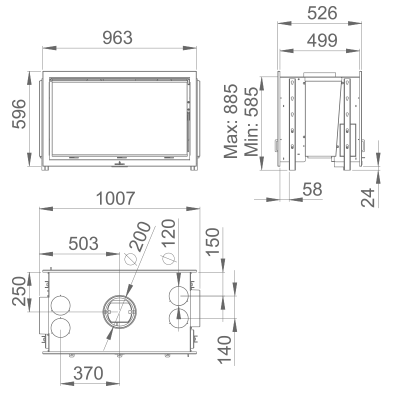 Desenho técnico com dimensões de um objeto retangular com detalhes circulares