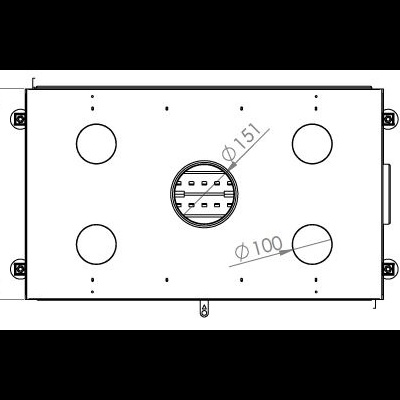 Desenho técnico de peça retangular com círculos marcados e dimensões.