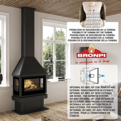 Lareira a lenha preta BRONPI com vidro e painel informativo em sala moderna