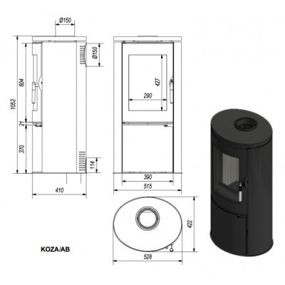 Fogão a lenha cilíndrico preto com porta de vidro com medidas técnicas