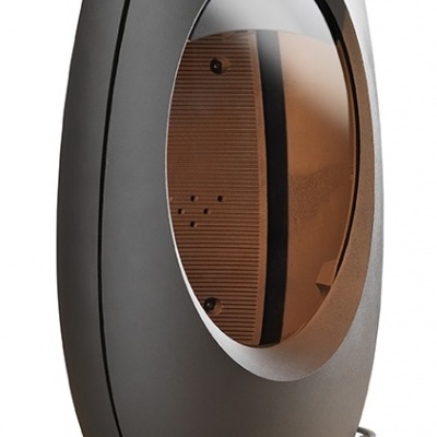 Lareira moderna de metal cinzento com janela oval de vidro e base circular