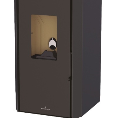 Fogão a pellet preto com porta de vidro e marca Bronpi