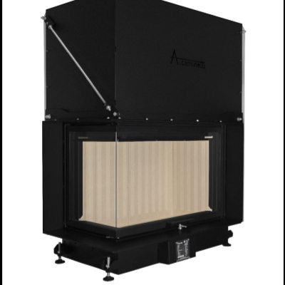 Lareira fechada preta com vidro e interior de tijolos refratários