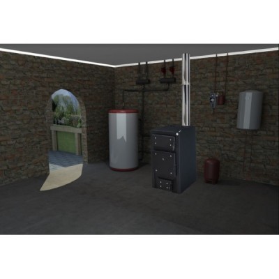 Sala com aquecedor a lenha preto, tanque branco com vermelho e parede de pedra