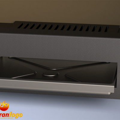 Forno elétrico cinza escuro com porta aberta e bandeja metálica prateada