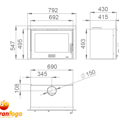 Desenho técnico de equipamento metálico com medidas e logotipo abranfogo
