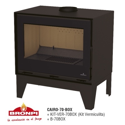 Lareira fechada preta BRONPI com interior em vermiculita clara e porta de vidro