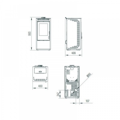 Desenho técnico detalhado de equipamento retangular com porta e grelha, com medidas em milímetros