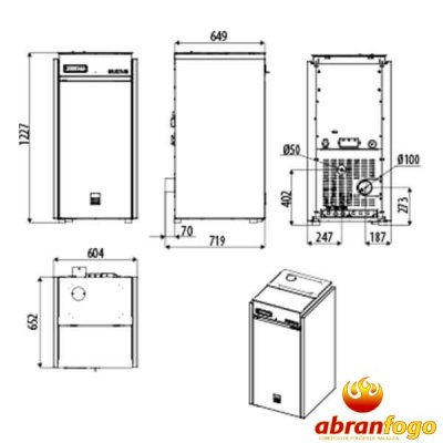 Desenho técnico de equipamento retangular com várias vistas e medidas, logótipo abranfogo
