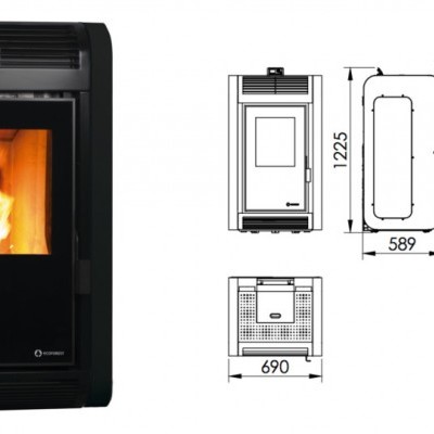 Salamandra a pellets preta com vidro frontal e desenhos técnicos