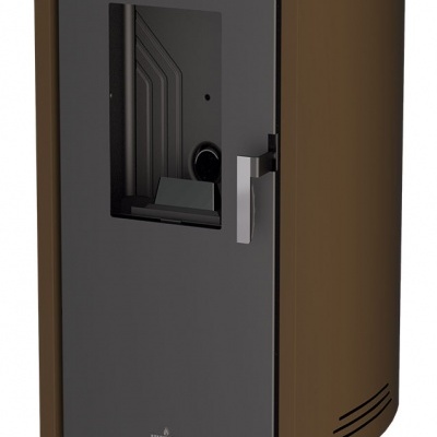 Estufa de aquecimento metálica castanha e preta com visor digital e logotipo Bio BRONPI