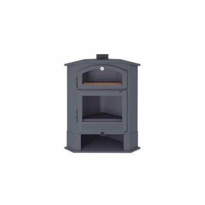 Fogão a lenha cinzento com forno e câmara de combustão visíveis