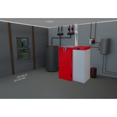 Sala com caldeira vermelha e branco, reservatório cinza, tubagens e caixa cinzenta na parede