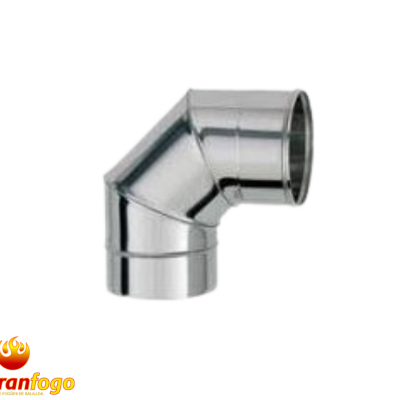 Peça de tubo metálico em ângulo de 90 graus prateada com logotipo abranfogo