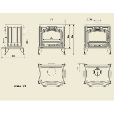 Desenho técnico de fogão KOZA K6 com medidas em milímetros