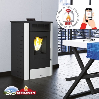 Estufa de pellets branca e preta com fogo visível e selo WIFI opcional