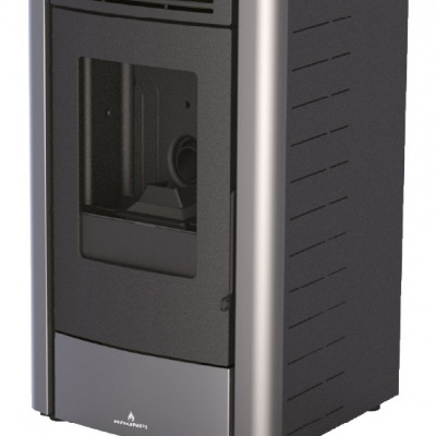 Lareira a pellet preta com detalhes cinza e painel frontal em vidro