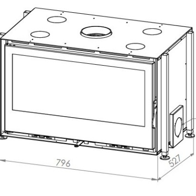 Lareira embutida metálica retangular com painel frontal de vidro e medidas técnicas