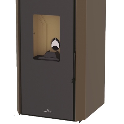 Salamandra de aquecimento castanha e preta com visor digital e logótipos Bio e BRONPI