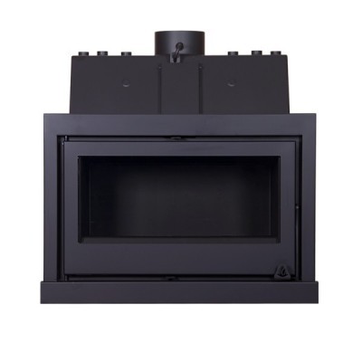 Lareira a lenha preta com porta de vidro e tubo de saída acima