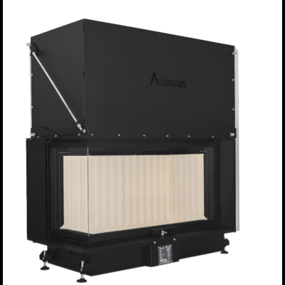 Lareira embutida metálica preta com vidro frontal e interior claro da marca Caminetti