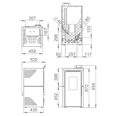 Desenho técnico de aparelho com várias vistas e dimensões em milímetros.