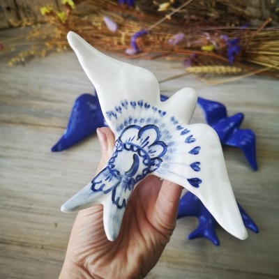 Conjunto de 4 andorinhas em cerâmica em azul cobalto