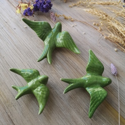 Conjunto de 3 andorinhas em cerâmica, cor Verde