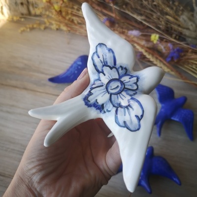 Conjunto de 4 andorinhas em cerâmica em azul cobalto