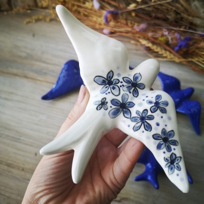 Conjunto de 4 andorinhas em cerâmica em azul cobalto