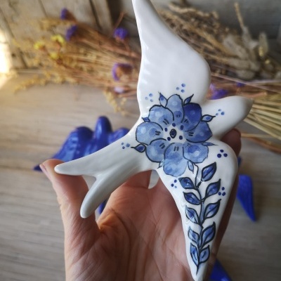 Conjunto de 4 andorinhas em cerâmica em azul cobalto