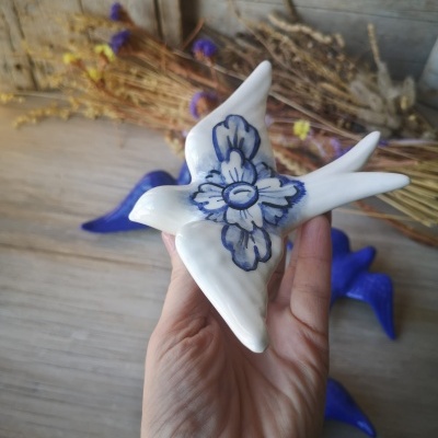 Conjunto de 4 andorinhas em cerâmica em azul cobalto