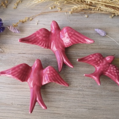 Conjunto de 3 andorinhas em cerâmica, cor Rosa